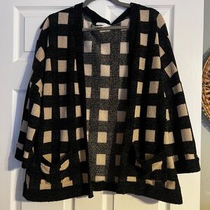 Elegant Black and Cream Checkered Women's Cardigan